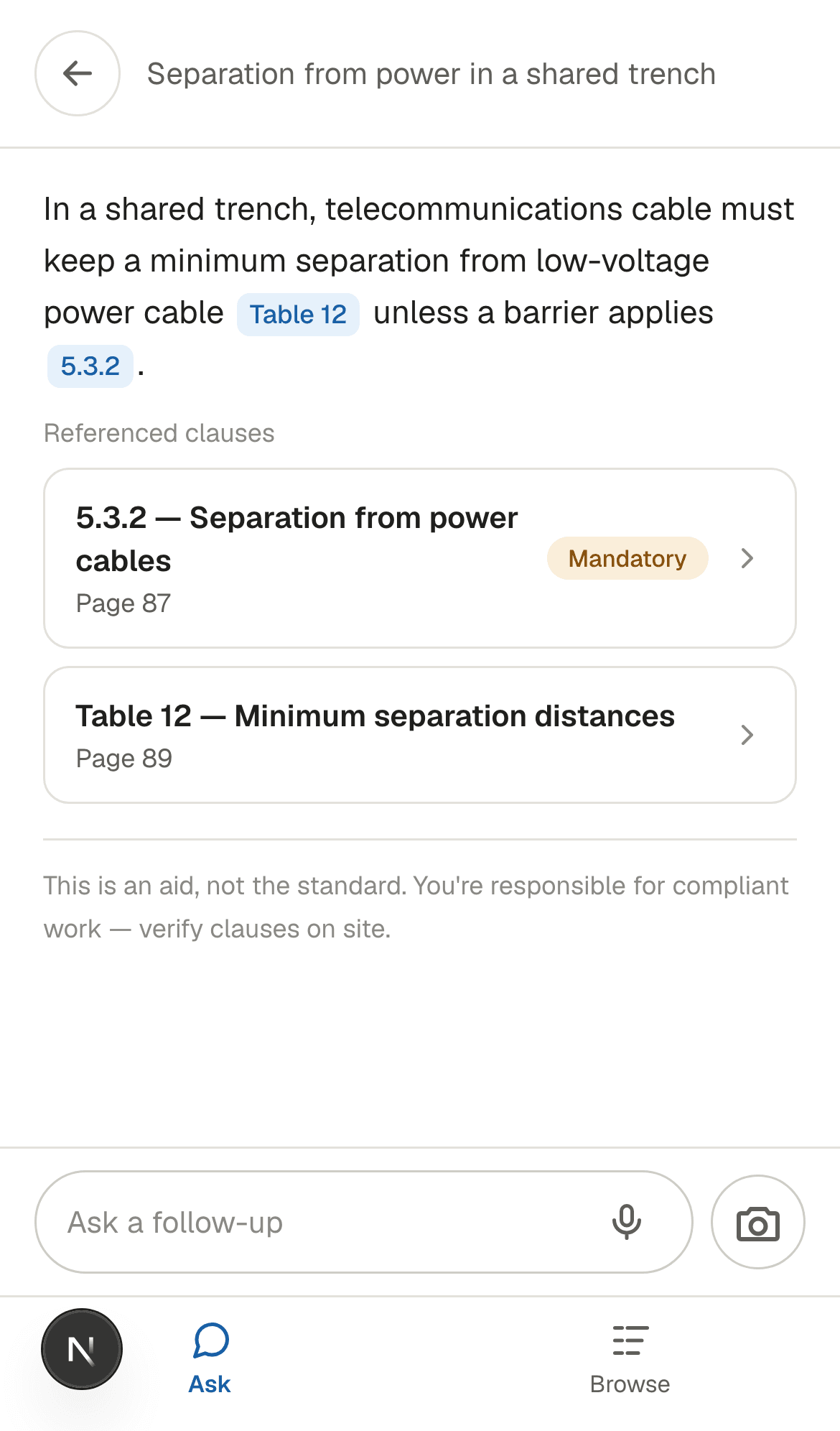 CablerMate answer screen showing a question about separation from power cables in a shared trench, with an answer citing clause 5.3.2 and Table 12