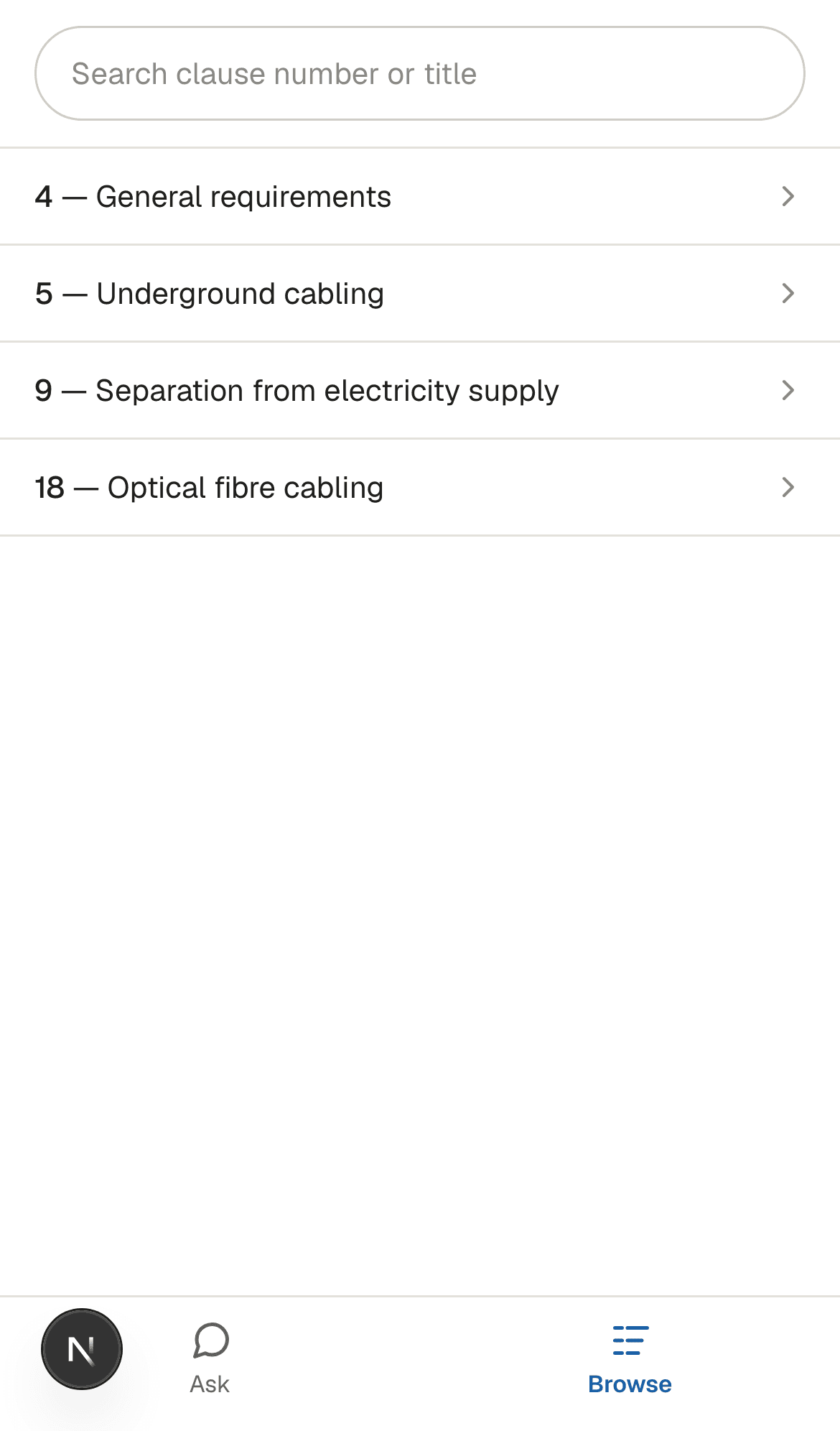 Browse screen showing a searchable, collapsible tree of AS/CA S009:2020 sections