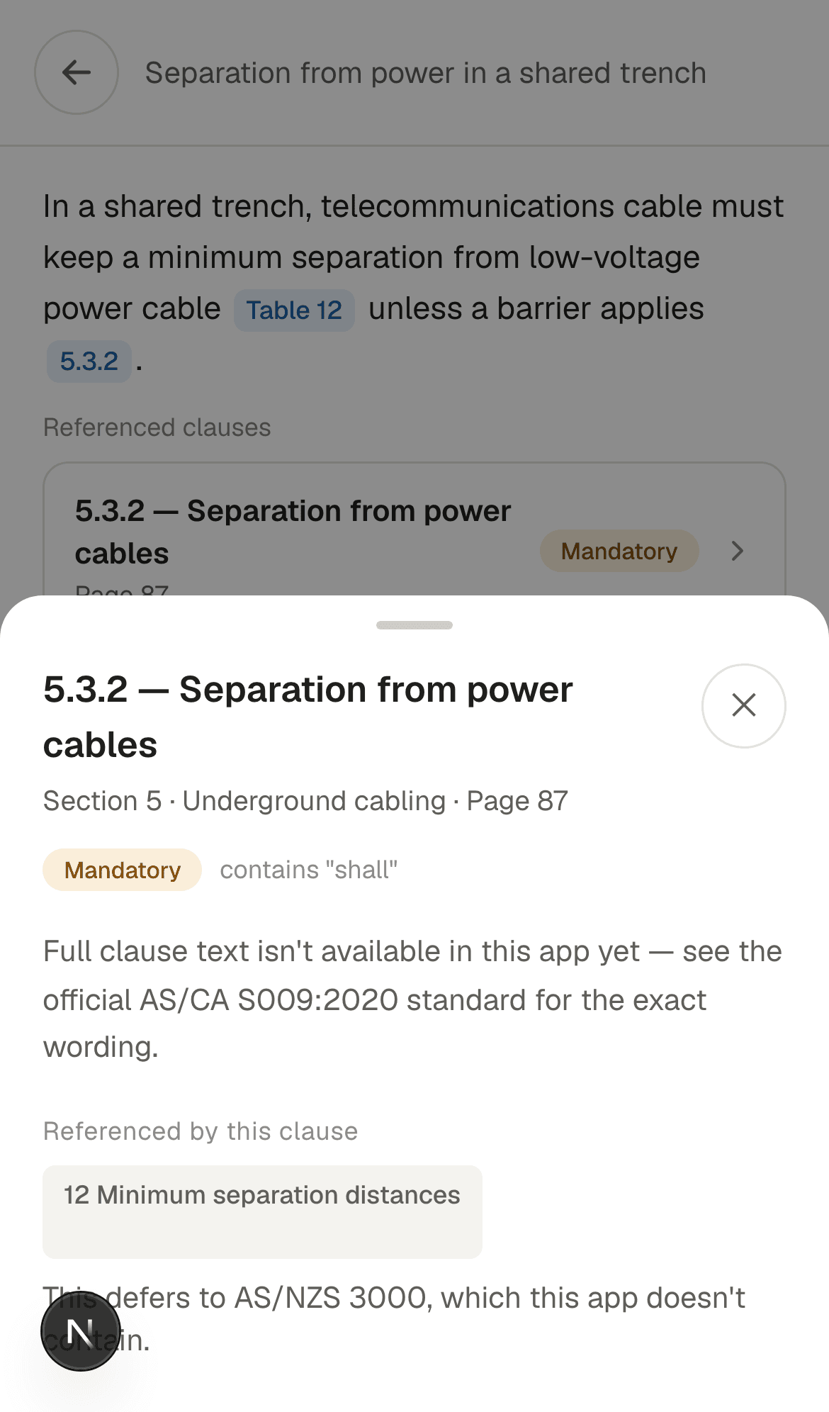 Clause detail sheet for clause 5.3.2, showing its title, mandatory badge, section, and referenced clauses